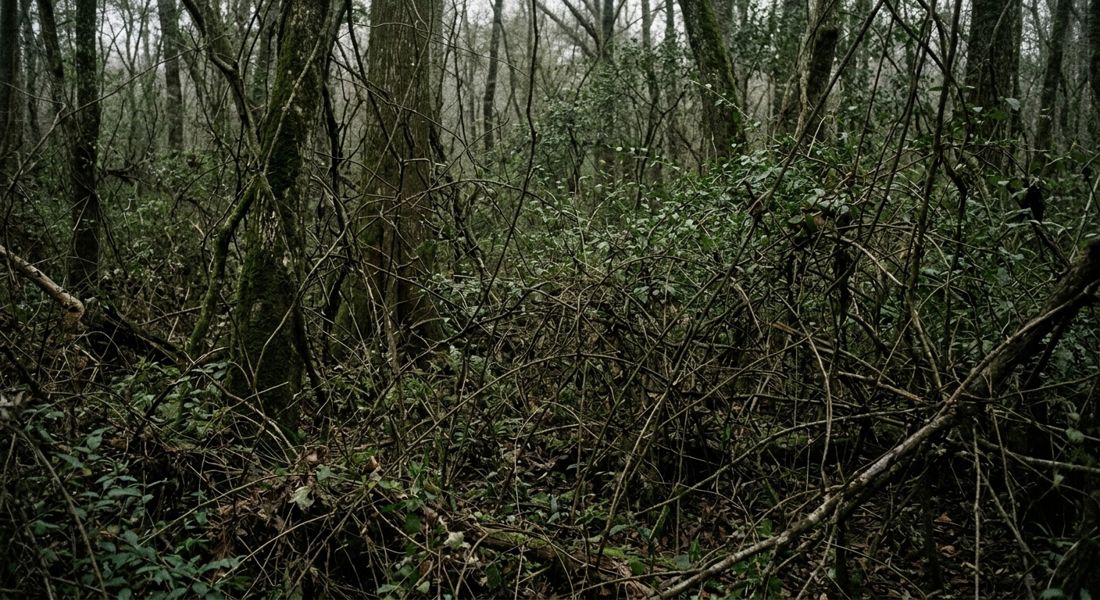 Solid thicket of vines and brush with no openings