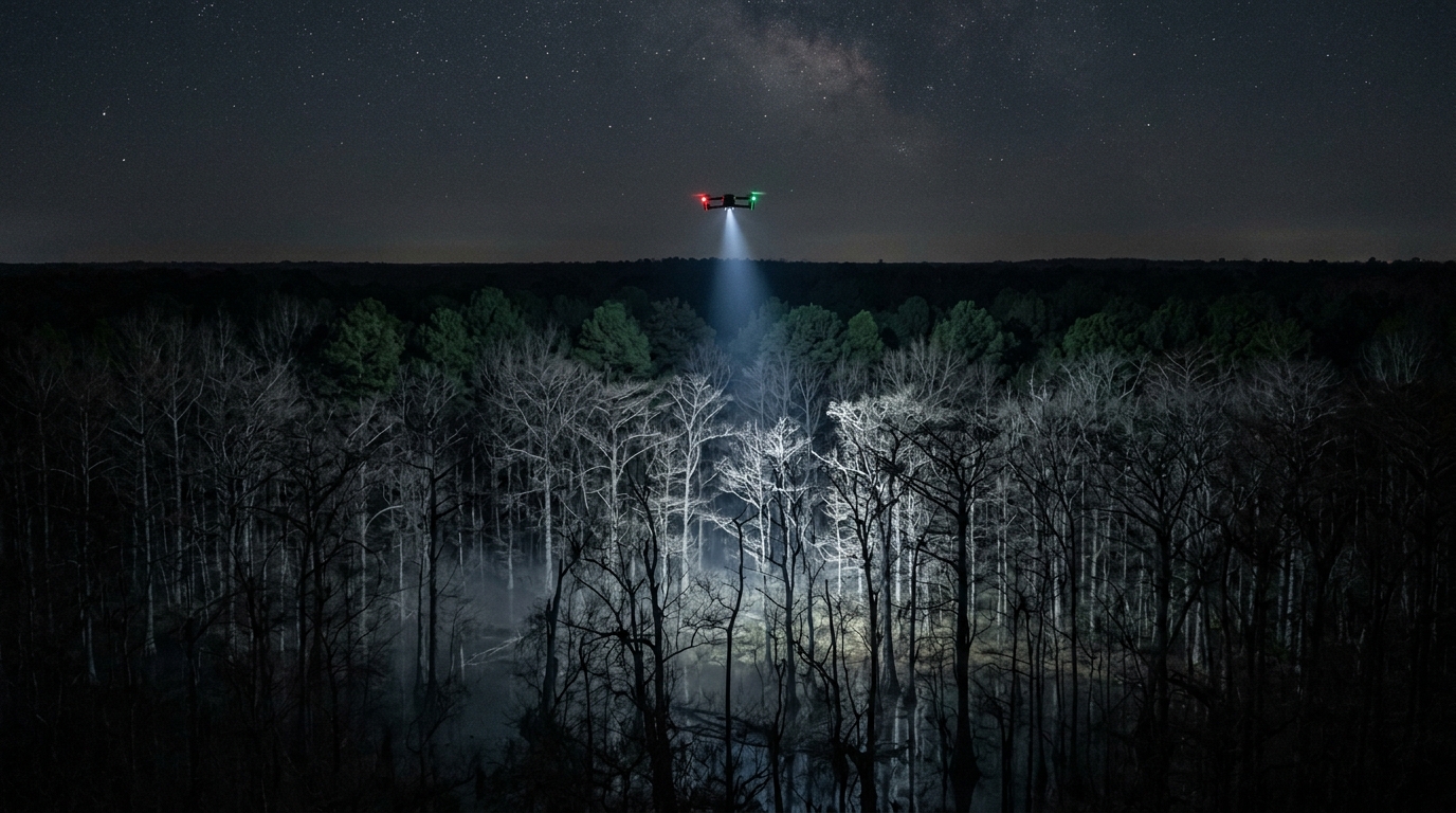 Thermal drone with searchlight over leaf-off bottomland timber at night