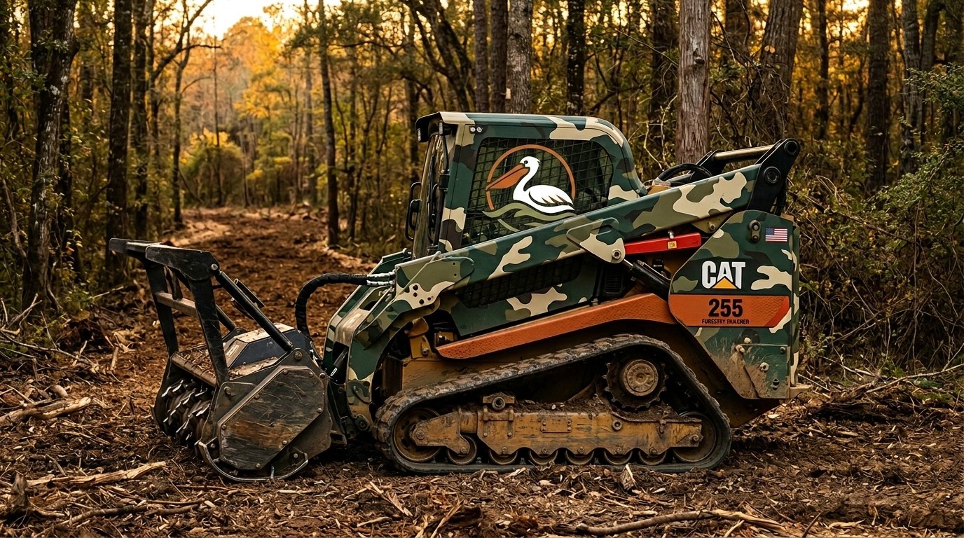 Flyway Land Co. Cat 255 track loader with a forestry mulcher head on freshly mulched ground