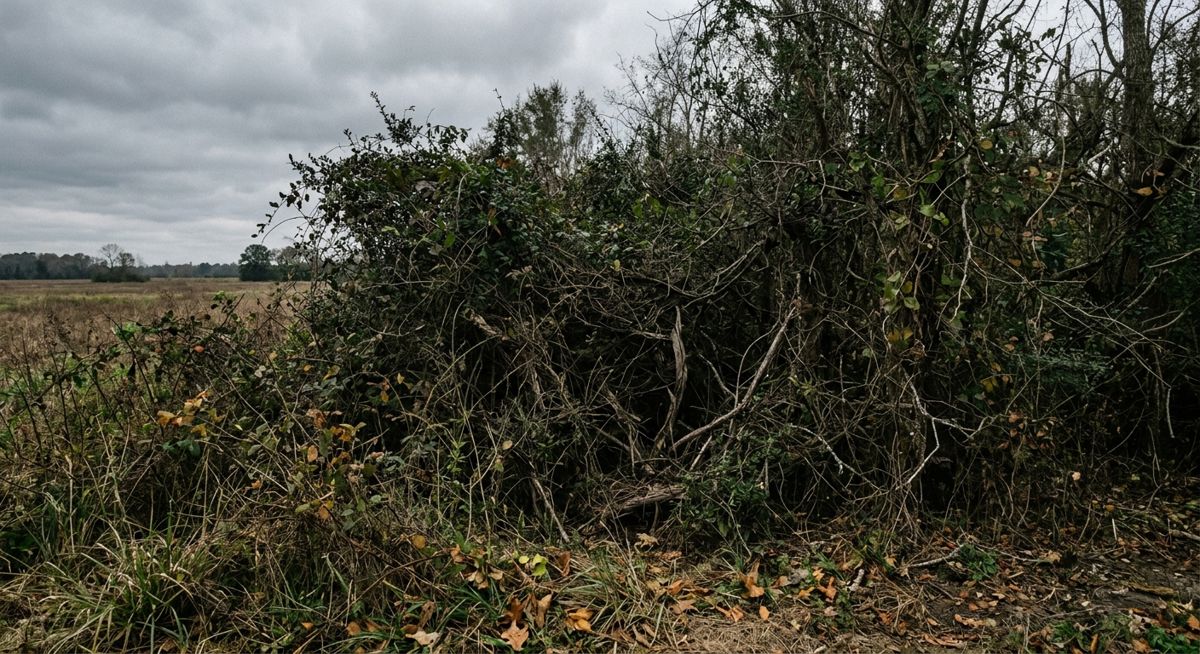 Brushy edge with open ground beside it under an overcast sky