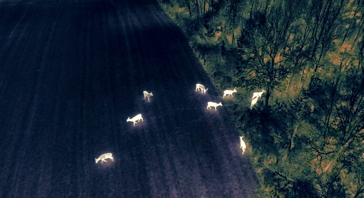 Thermal drone view of deer as heat signatures in a field at night